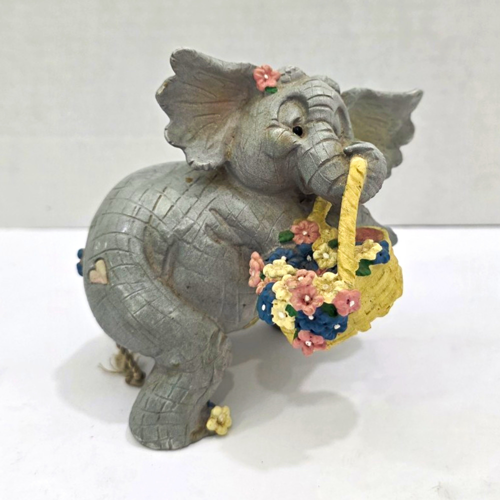 Cute Gray Elephant Figurine Holding Flower Basket Resin Collectible Decor 4.5"